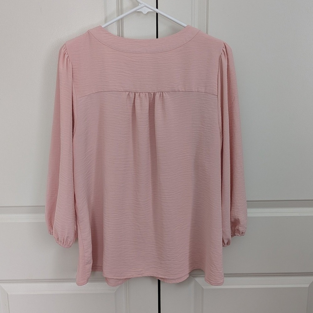 Coral Bay Women's Petite Pink Henley Button Blouse 3/4 Puff Sleeve Top Size PL - Picture 2 of 9